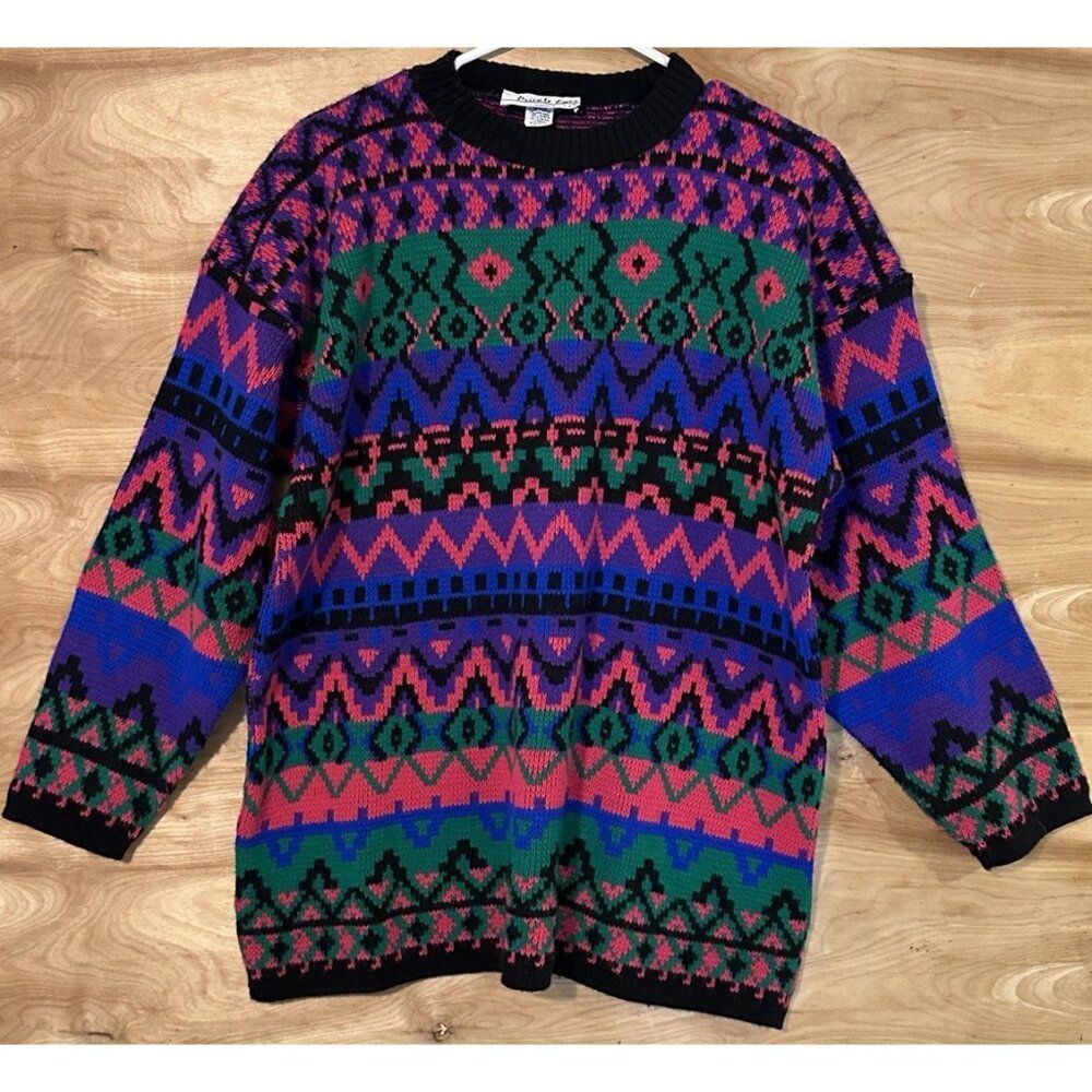 VINTAGE 80's SWEATER XL? Colorful Private Eyes ARTSY ADULT LARGE PULLOVER